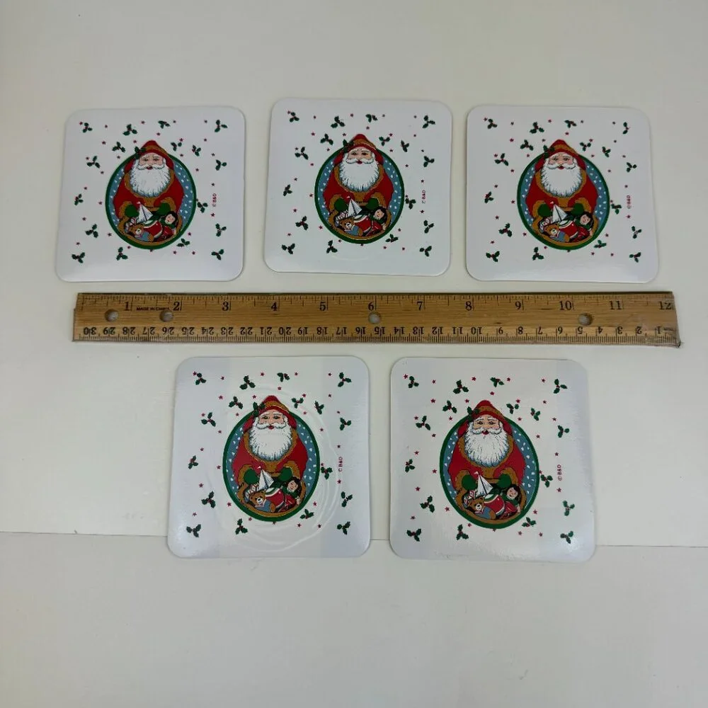 Vtg 11 Christmas Tree Santa Coasters Soft Hard‎ Holiday Decor Wicker Basket READ